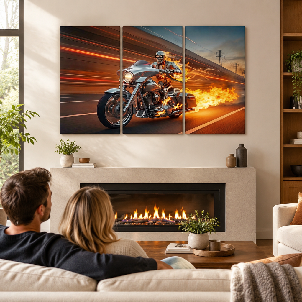 Chrome Dome Skeleton Fire Bagger Motorcycle Split Canvas Panel Wall Art | 1, 3, 5 Panel