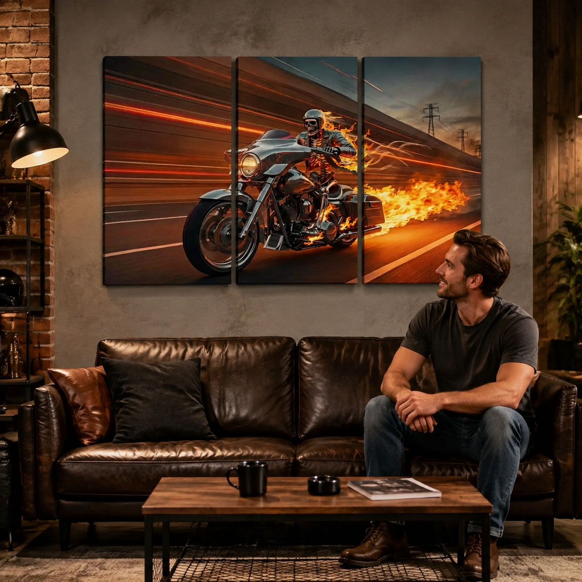 Chrome Dome Skeleton Fire Bagger Motorcycle Split Canvas Panel Wall Art | 1, 3, 5 Panel
