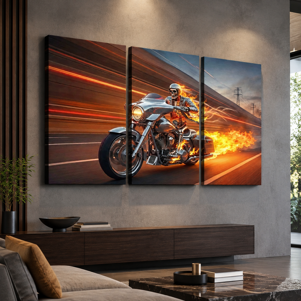 Chrome Dome Skeleton Fire Bagger Motorcycle Split Canvas Panel Wall Art | 1, 3, 5 Panel