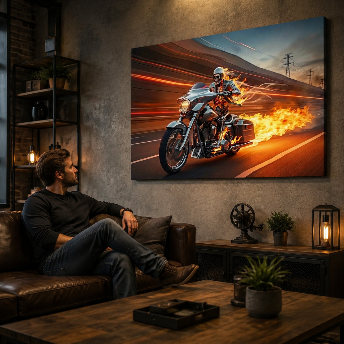 Chrome Dome Skeleton Fire Bagger Motorcycle Split Canvas Panel Wall Art | 1, 3, 5 Panel