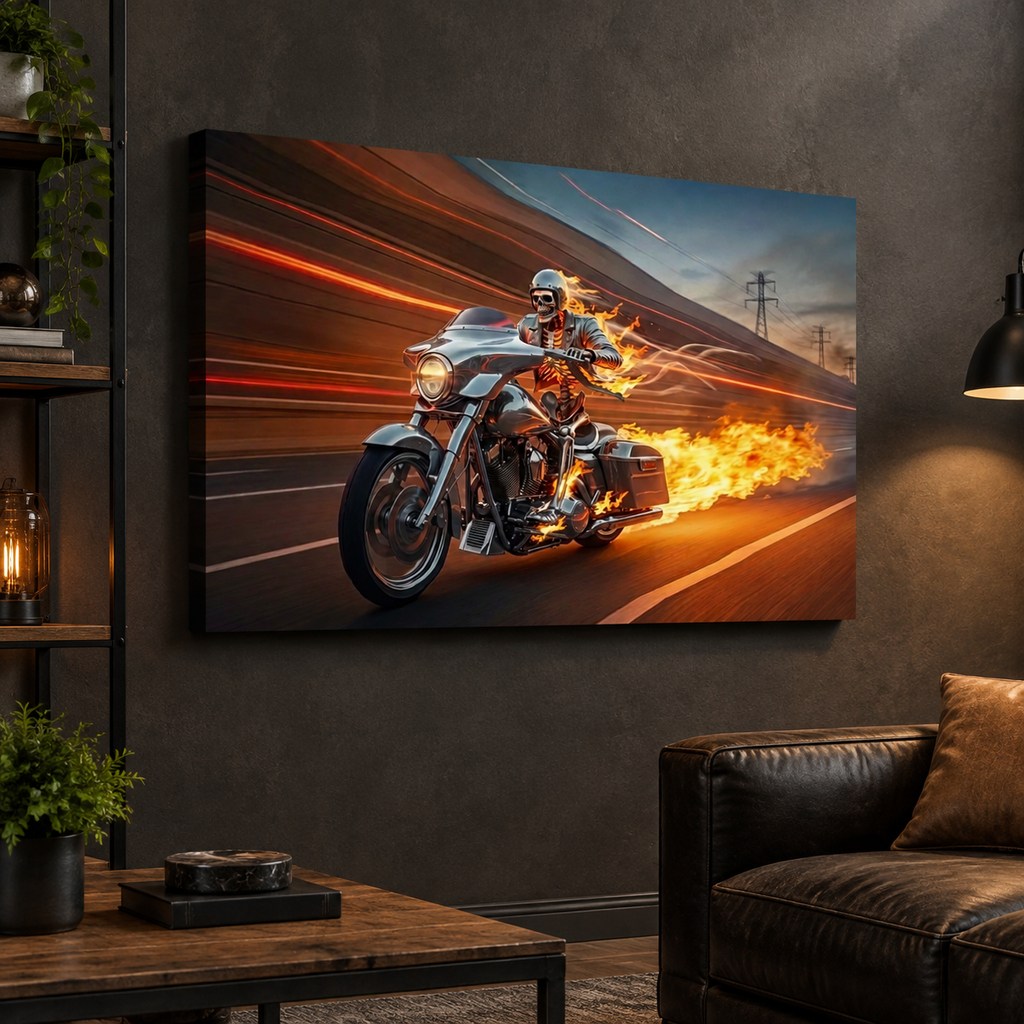 Chrome Dome Skeleton Fire Bagger Motorcycle Split Canvas Panel Wall Art | 1, 3, 5 Panel