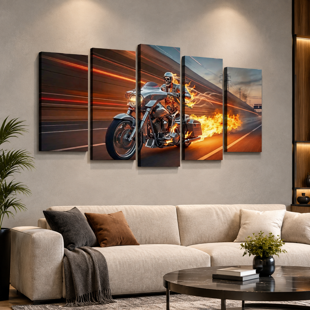 Chrome Dome Skeleton Fire Bagger Motorcycle Split Canvas Panel Wall Art | 1, 3, 5 Panel