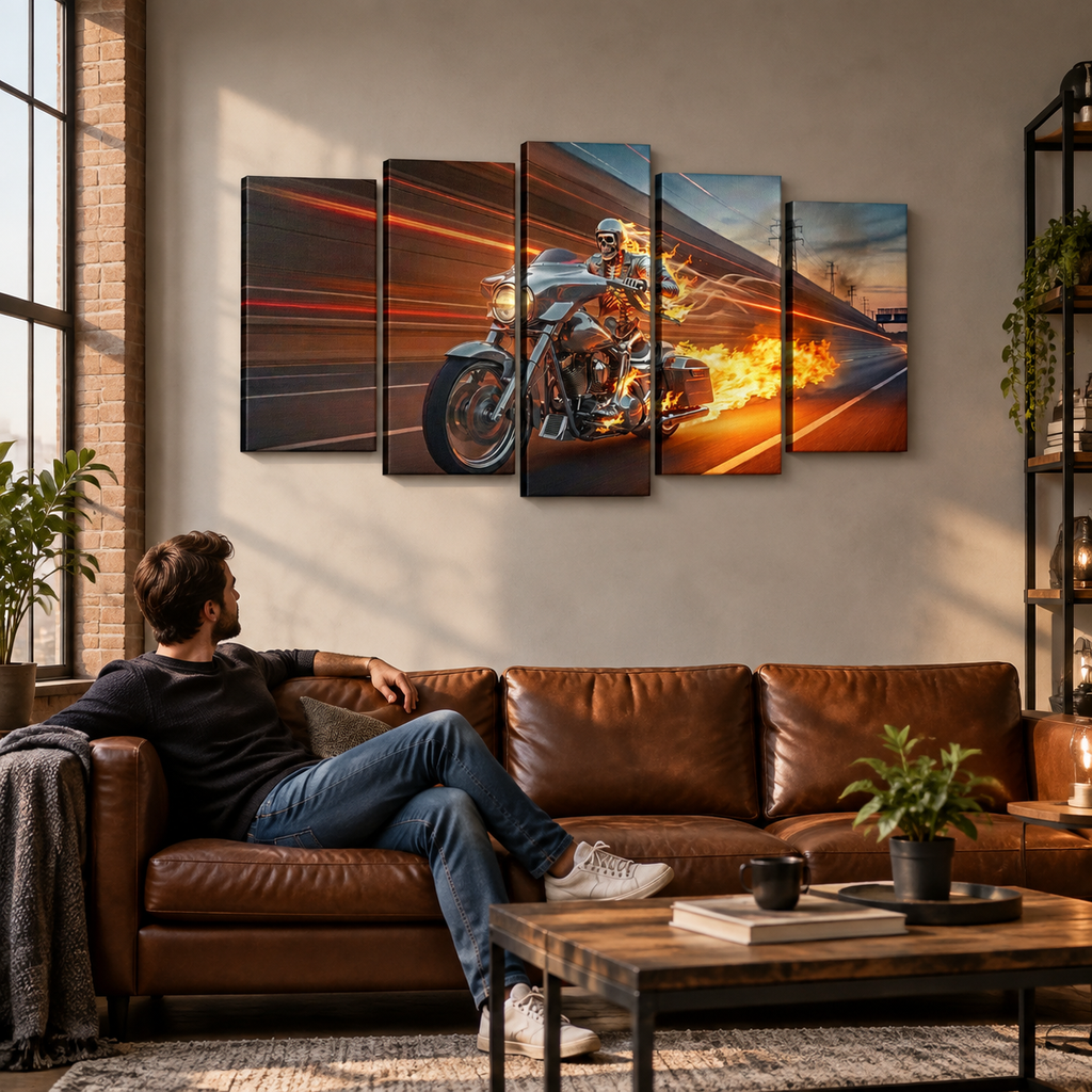 Chrome Dome Skeleton Fire Bagger Motorcycle Split Canvas Panel Wall Art | 1, 3, 5 Panel