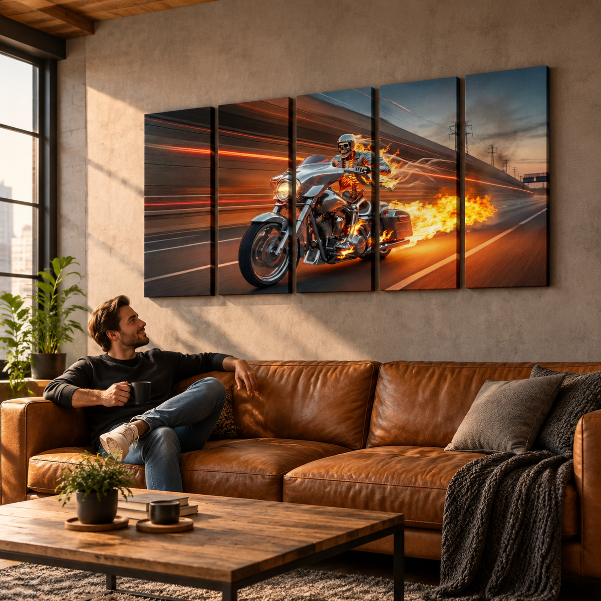 Chrome Dome Skeleton Fire Bagger Motorcycle Split Canvas Panel Wall Art | 1, 3, 5 Panel