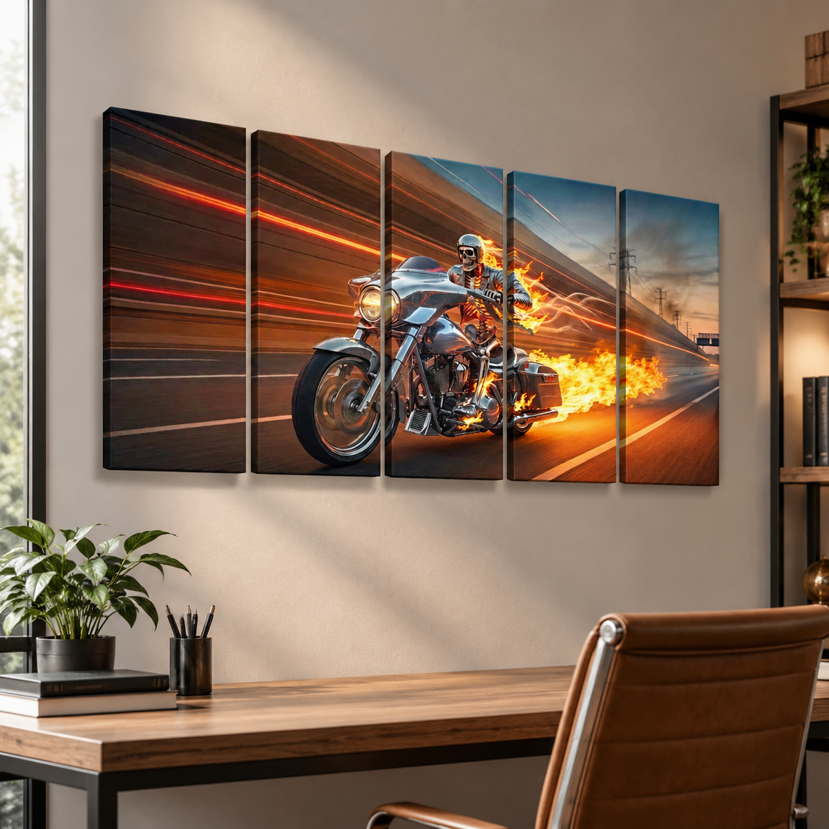 Chrome Dome Skeleton Fire Bagger Motorcycle Split Canvas Panel Wall Art | 1, 3, 5 Panel
