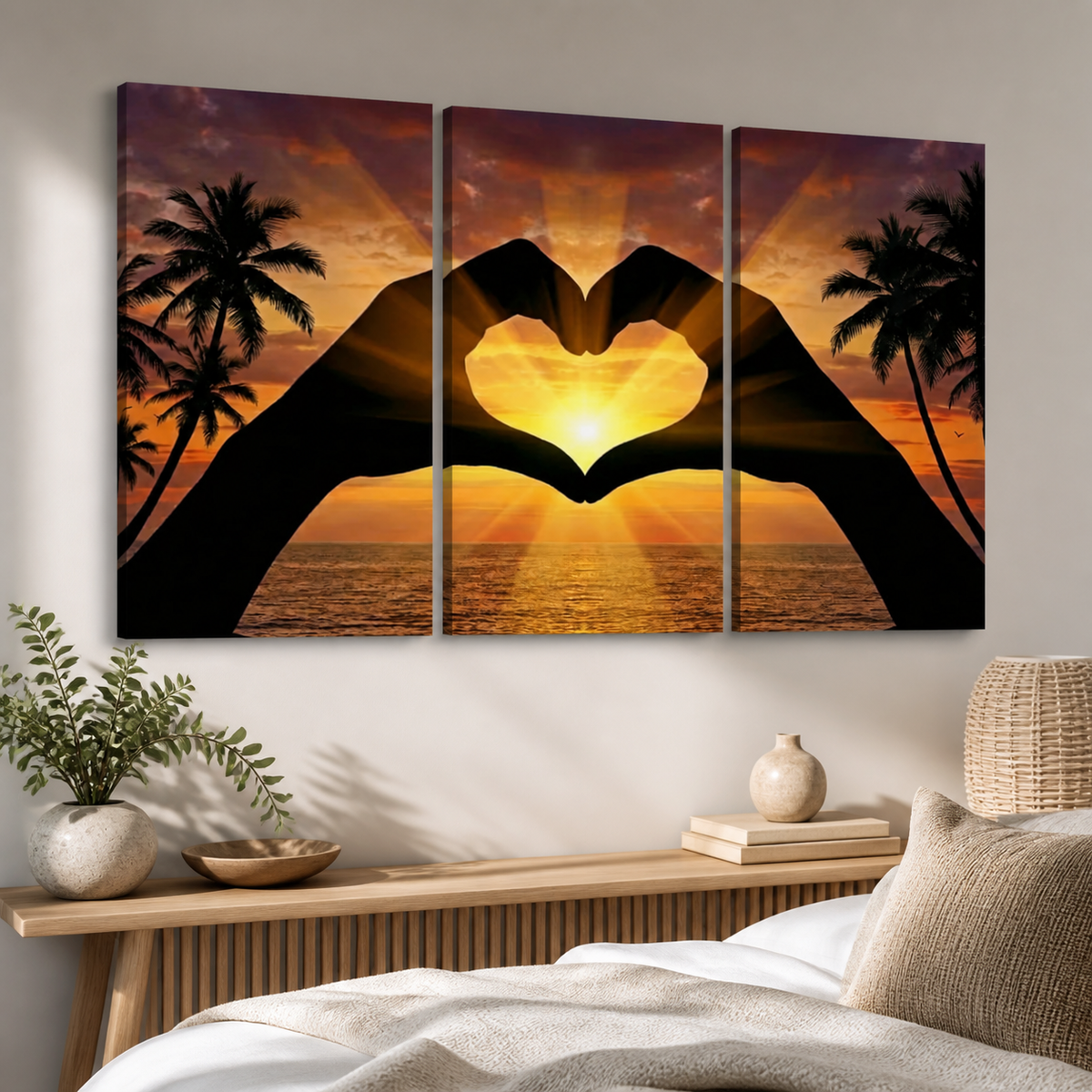 Three-panel canvas wall art showing a sunset over the ocean with silhouetted palm trees and hands forming a heart shape, displayed above a bed in a styled bedroom setting.