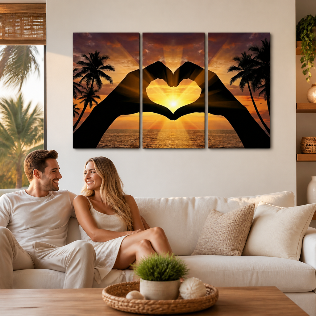 A couple sits on a white sofa in a bright living room, looking at a three-panel canvas wall art print showing a sunset over the ocean with silhouetted palm trees and hands forming a heart shape.