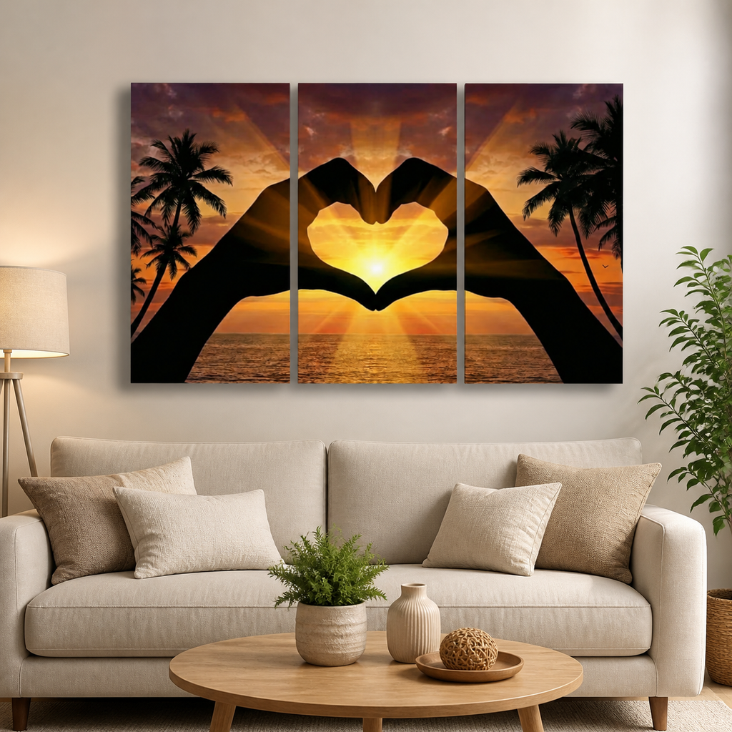 A three-panel canvas wall art set depicting a sunset over the ocean with silhouetted hands forming a heart shape, displayed above a beige sofa in a modern living room setting.
