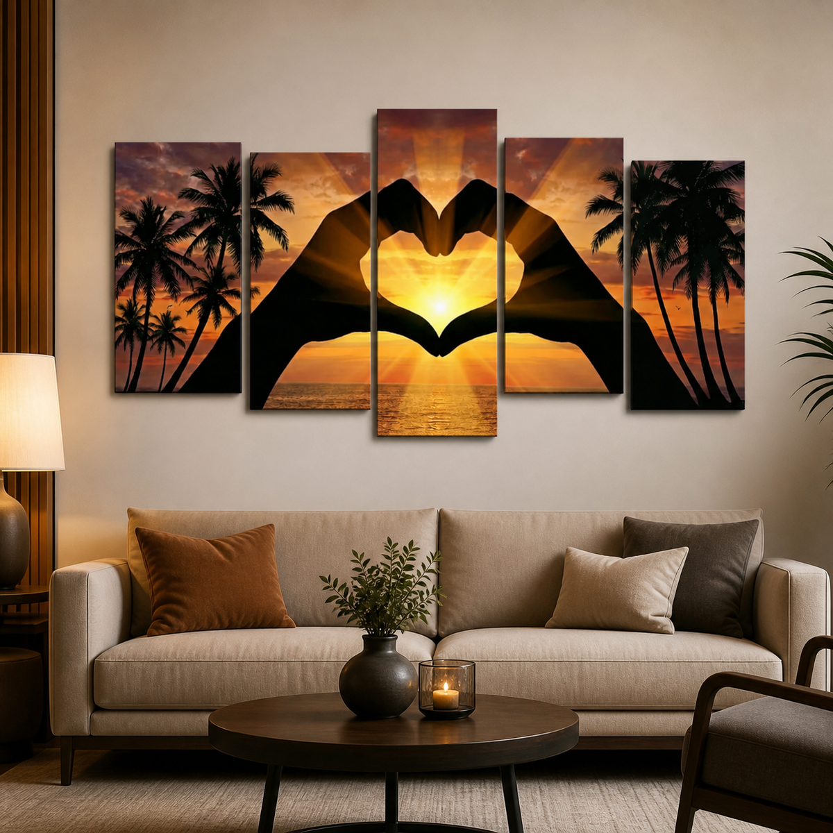 A 5-panel canvas wall art set depicting a sunset with silhouetted hands forming a heart shape, displayed above a beige sofa in a modern living room setting.