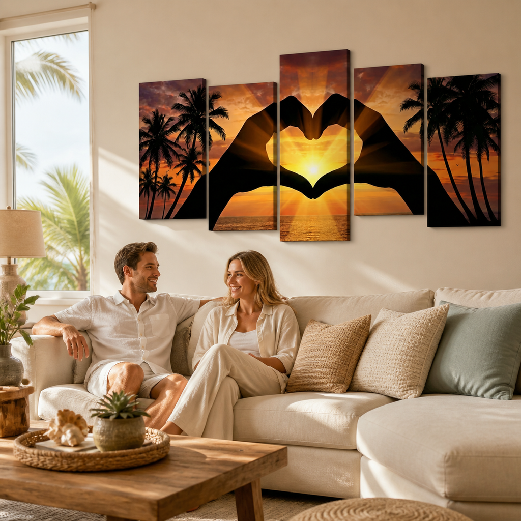 A five-panel canvas wall art set hangs above a beige sectional sofa in a bright living room. The artwork shows a sunset with palm trees and a heart-shaped silhouette formed by two people sitting on the couch, creating a warm, inviting lifestyle scene.