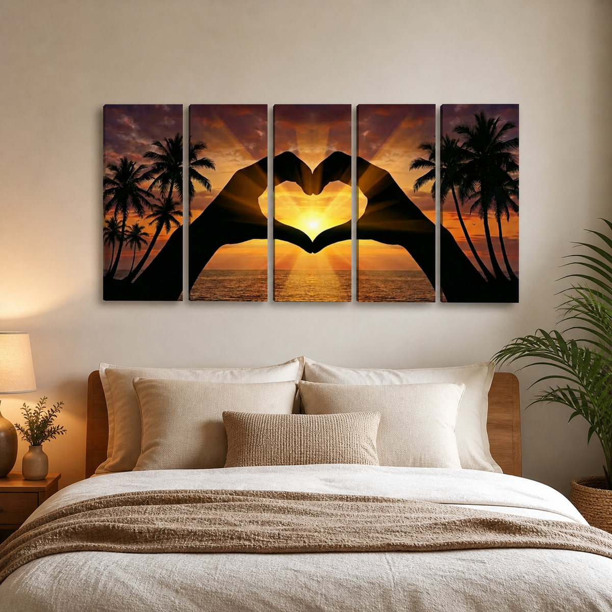 5-Panel Level Sunset Heart Hands Canvas Wall Art | Coastal Multi-Panel Print