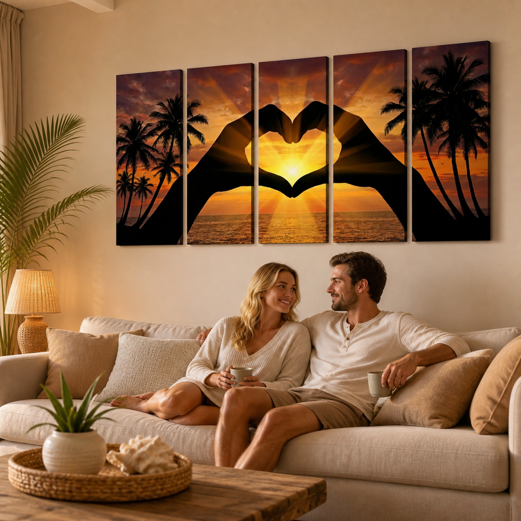 A five-panel canvas wall art set depicting a sunset with palm trees and hands forming a heart shape, displayed above a couple sitting on a beige sofa in a living room.