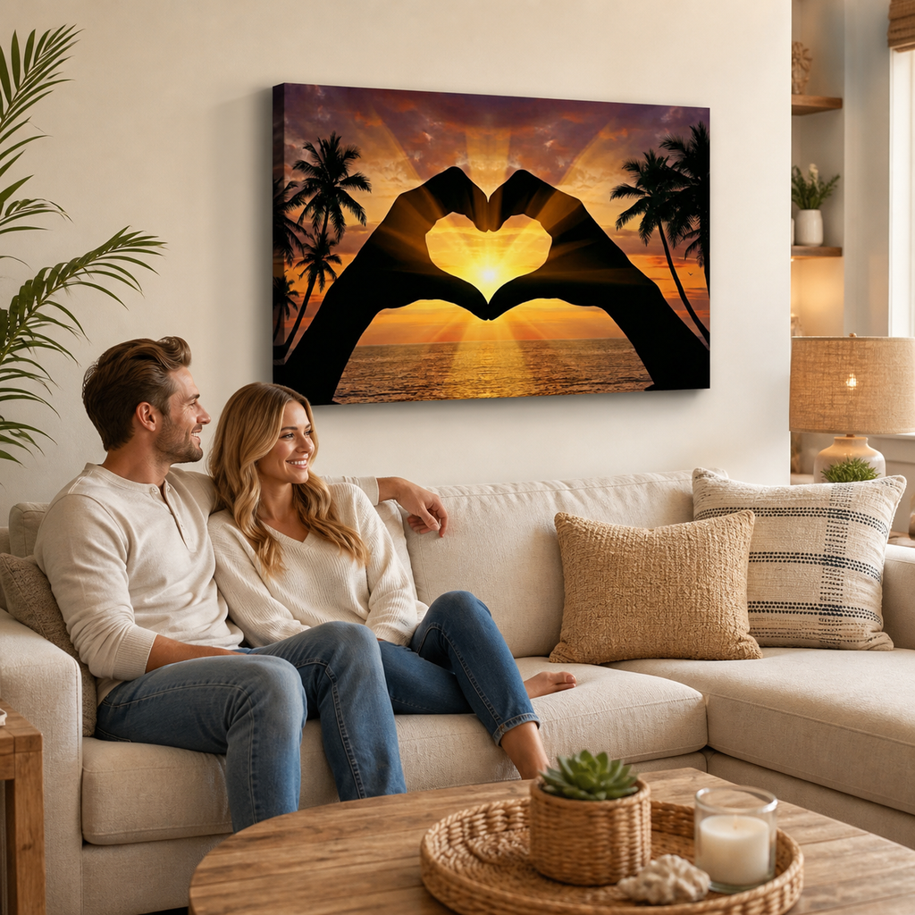 5-Panel Level Sunset Heart Hands Canvas Wall Art | Coastal Multi-Panel Print
