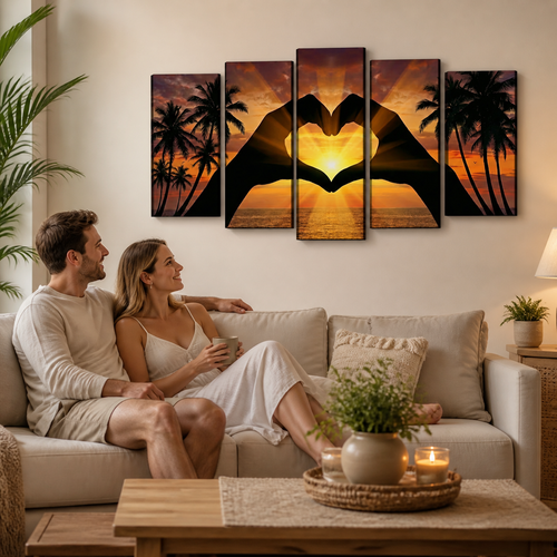 A couple sits on a beige sofa in a warmly lit living room, looking at a five-panel wall art set depicting silhouetted hands forming a heart shape over a tropical sunset beach with palm trees.