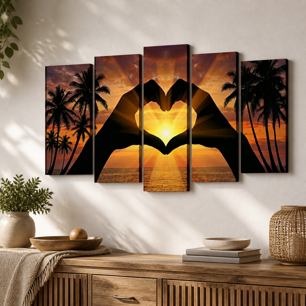 A five-panel canvas wall art set depicting a sunset beach scene with palm trees and two silhouetted hands forming a heart shape, displayed on a white wall above a wooden console table with decorative items.