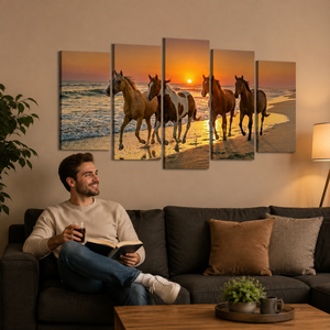 Horses Galloping at Sunset Canvas Wall Art – Sunset Equine Majesty | 3 & 5 Panel Print
