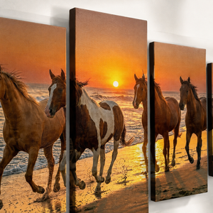 Horses Galloping at Sunset Canvas Wall Art – Sunset Equine Majesty | 3 & 5 Panel Print