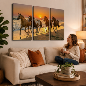 Horses Galloping at Sunset Canvas Wall Art – Sunset Equine Majesty | 3 & 5 Panel Print