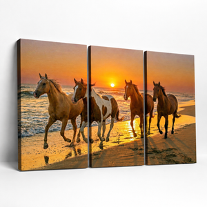 Horses Galloping at Sunset Canvas Wall Art – Sunset Equine Majesty | 3 & 5 Panel Print