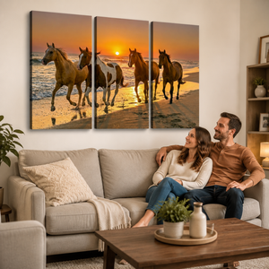 Horses Galloping at Sunset Canvas Wall Art – Sunset Equine Majesty | 3 & 5 Panel Print