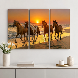 Horses Galloping at Sunset Canvas Wall Art – Sunset Equine Majesty | 3 & 5 Panel Print