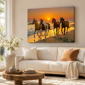 Horses Galloping at Sunset Canvas Wall Art – Sunset Equine Majesty | 3 & 5 Panel Print