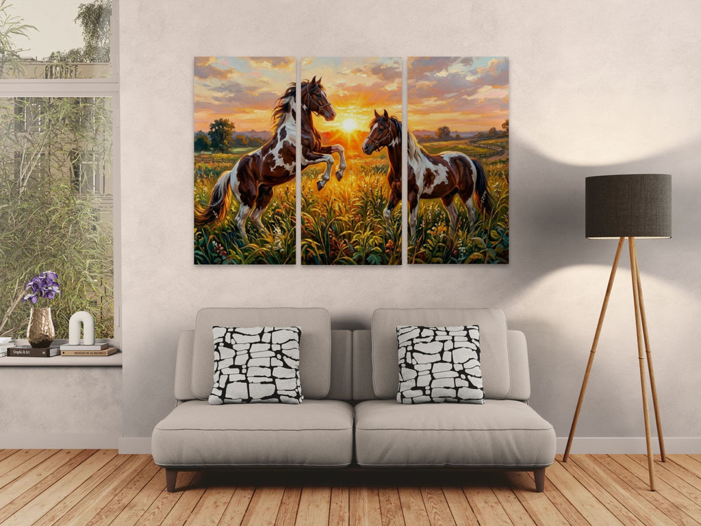 Living room with a sofa, decorative pillows, and a large wall art of two horses in a field.