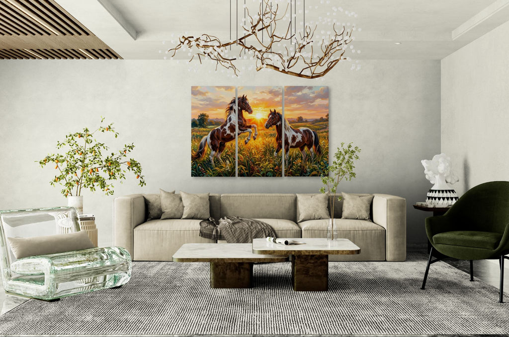 Living room with a beige sofa, coffee table, and wall art of horses at sunset.