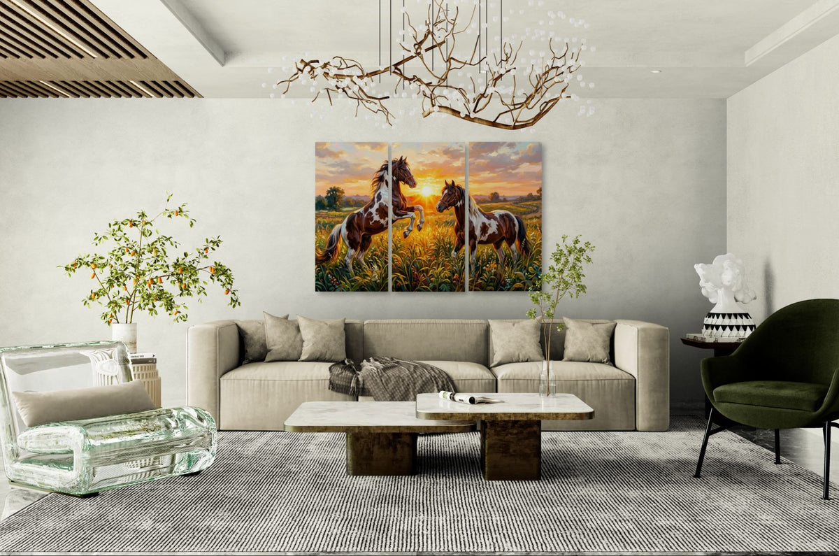 Living room with a beige sofa, coffee table, and wall art of horses at sunset.