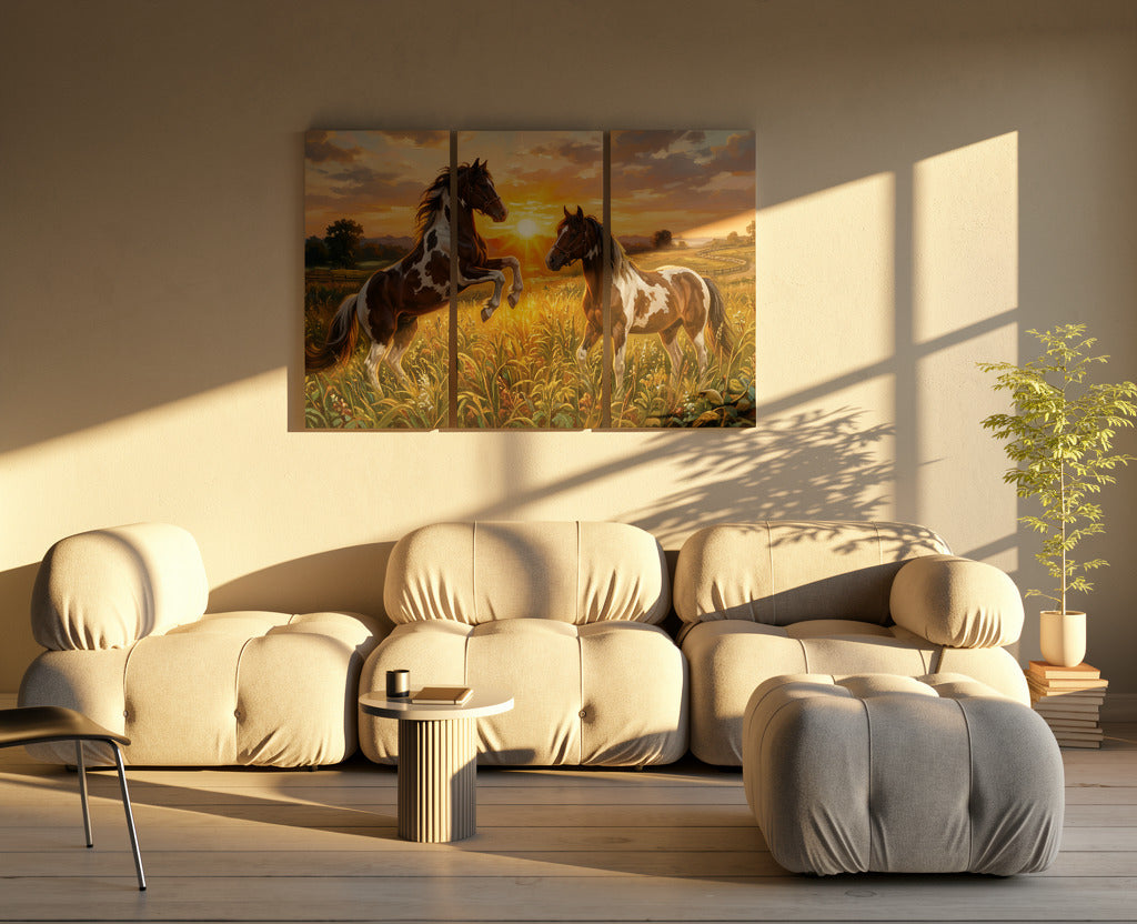 Modern living room with a beige sofa, side table, and decorative painting of horses on the wall.
