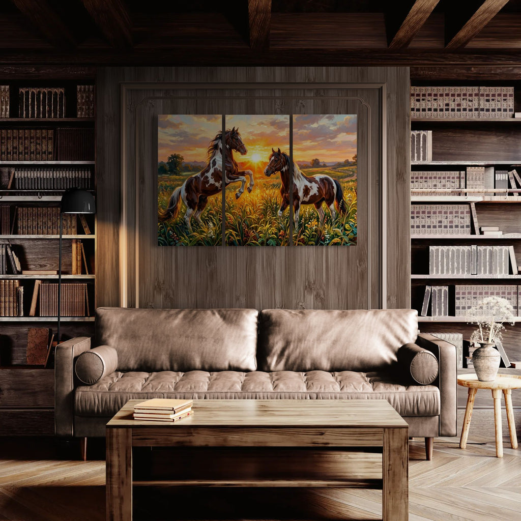 Living room with a sofa, coffee table, and wall art of two horses.