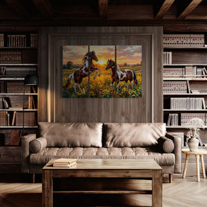 Living room with a sofa, coffee table, and wall art of two horses.