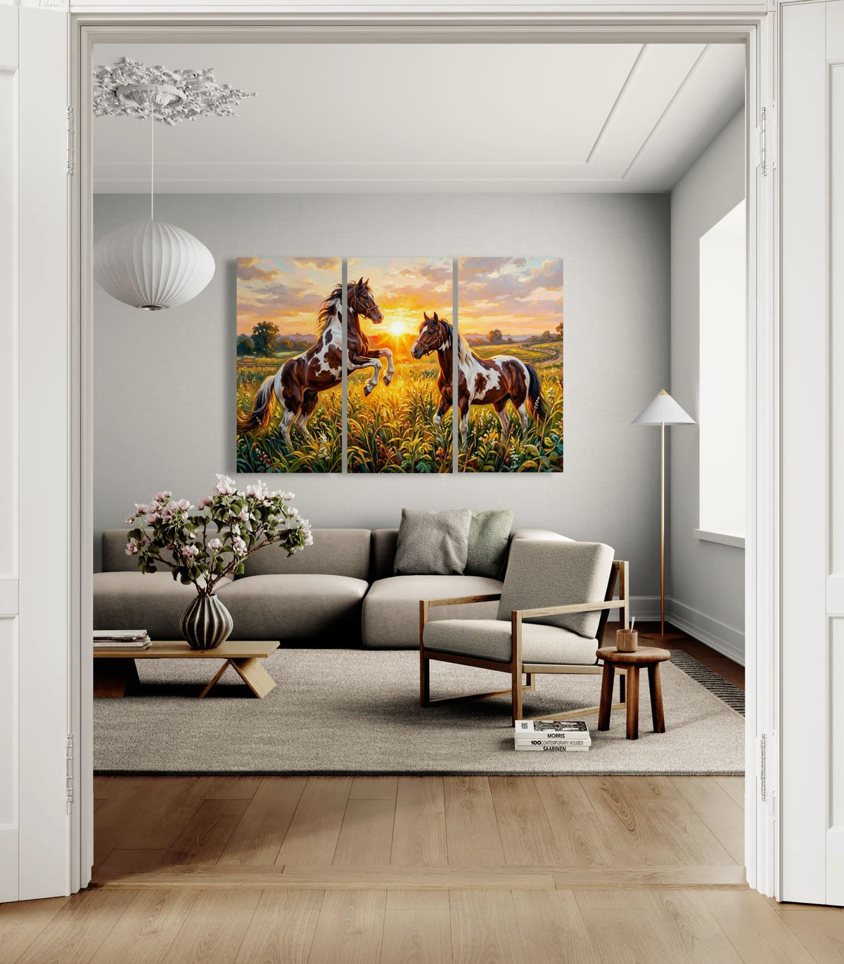 Living room with a large painting of two horses on the wall