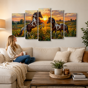 Wild Hearts Canvas Wall Art – White & Brown Horses at Sunset in Field | 1 & 3 Panel Print