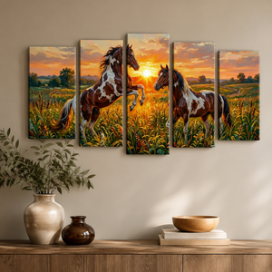 Wild Hearts Canvas Wall Art – White & Brown Horses at Sunset in Field | 1 & 3 Panel Print