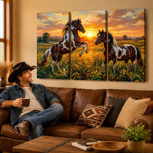 Wild Hearts Canvas Wall Art – White & Brown Horses at Sunset in Field | 1 & 3 Panel Print