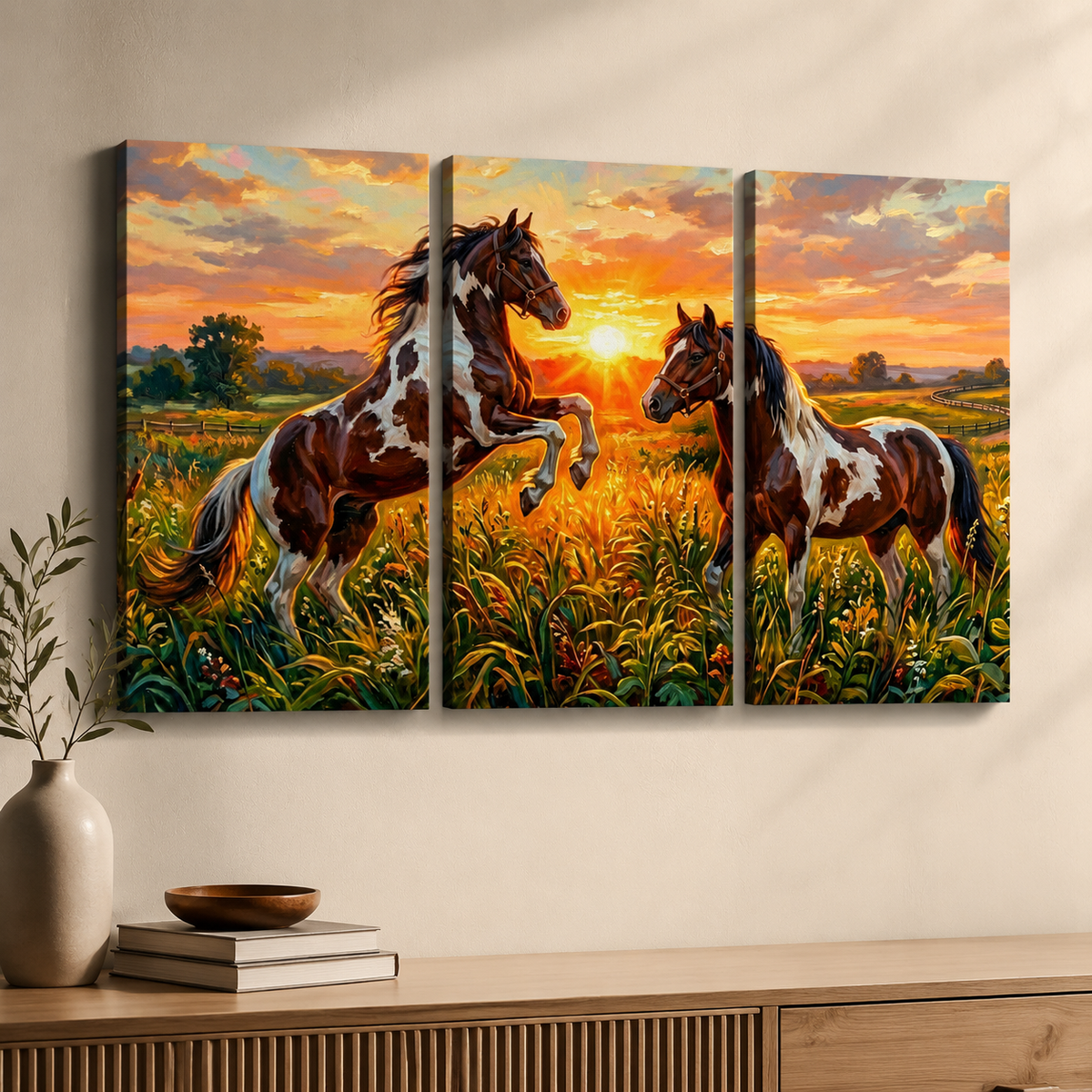 Wild Hearts Canvas Wall Art – White & Brown Horses at Sunset in Field | 1 & 3 Panel Print