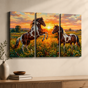 Wild Hearts Canvas Wall Art – White & Brown Horses at Sunset in Field | 1 & 3 Panel Print
