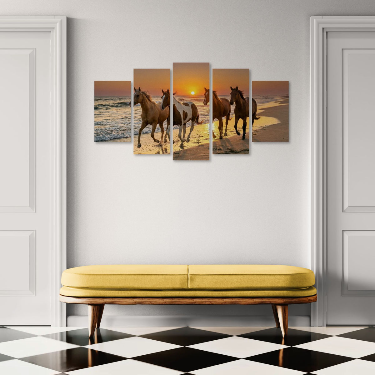Five-panel canvas print of horses on a beach at sunset above a yellow bench with a black and white checkered floor.