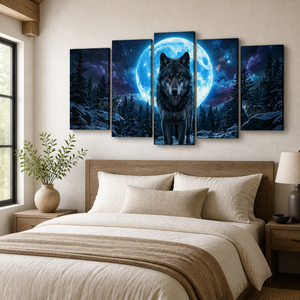 Howling Wolves with Blue Moon — 5-Panel Canvas Wall Art