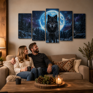 Howling Wolves with Blue Moon — 5-Panel Canvas Wall Art