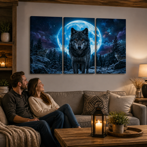 Howling Wolves with Blue Moon — 5-Panel Canvas Wall Art