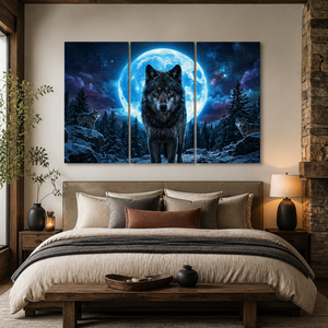 Howling Wolves with Blue Moon — 5-Panel Canvas Wall Art