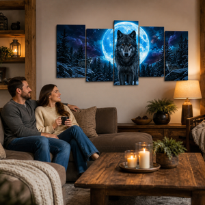 Howling Wolves with Blue Moon — 5-Panel Canvas Wall Art