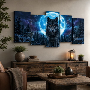 Howling Wolves with Blue Moon — 5-Panel Canvas Wall Art