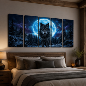 Howling Wolves with Blue Moon — 5-Panel Canvas Wall Art