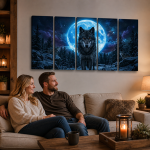 Howling Wolves with Blue Moon — 5-Panel Canvas Wall Art
