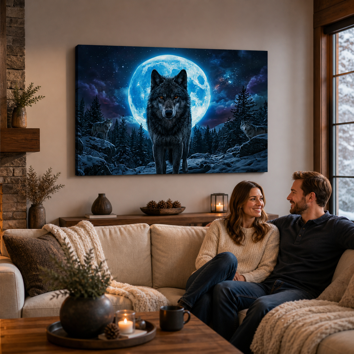 Howling Wolves with Blue Moon — 5-Panel Canvas Wall Art