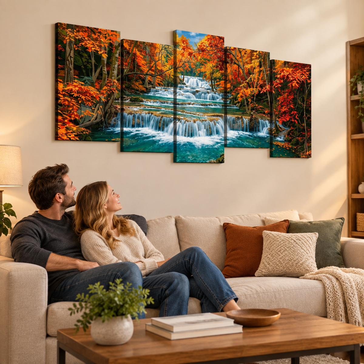 A five-panel canvas wall art set depicting a colorful Huay Mae Khamin Falls with orange and red foliage, shown hanging above a beige sofa with a couple sitting on the couch in a living room setting.