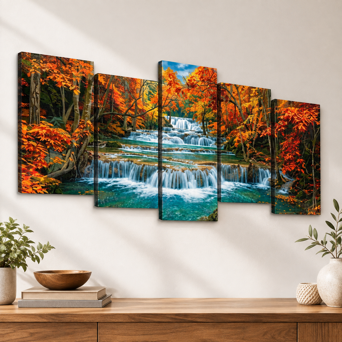 A five-panel canvas wall art set depicting a colorful Huay Mae Khamin Falls, displayed on a white wall above a wooden console table with decorative plants and bowls.
